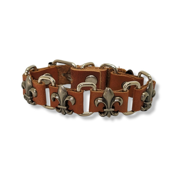 Unisex Tan Leather Link Fleur De Lis SilverTone Buckle Bracelet Adjustable Size - Picture 1 of 7